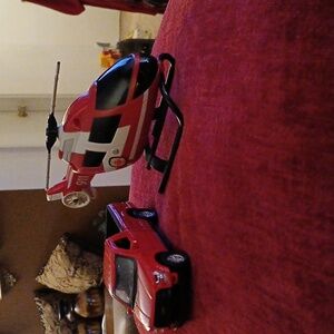 Red Toy Helicopter and Truck Set